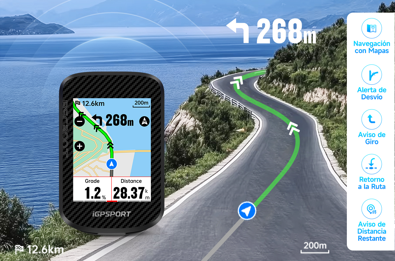 iGPSPORT BSC300T vista frontal con mapa en pantalla